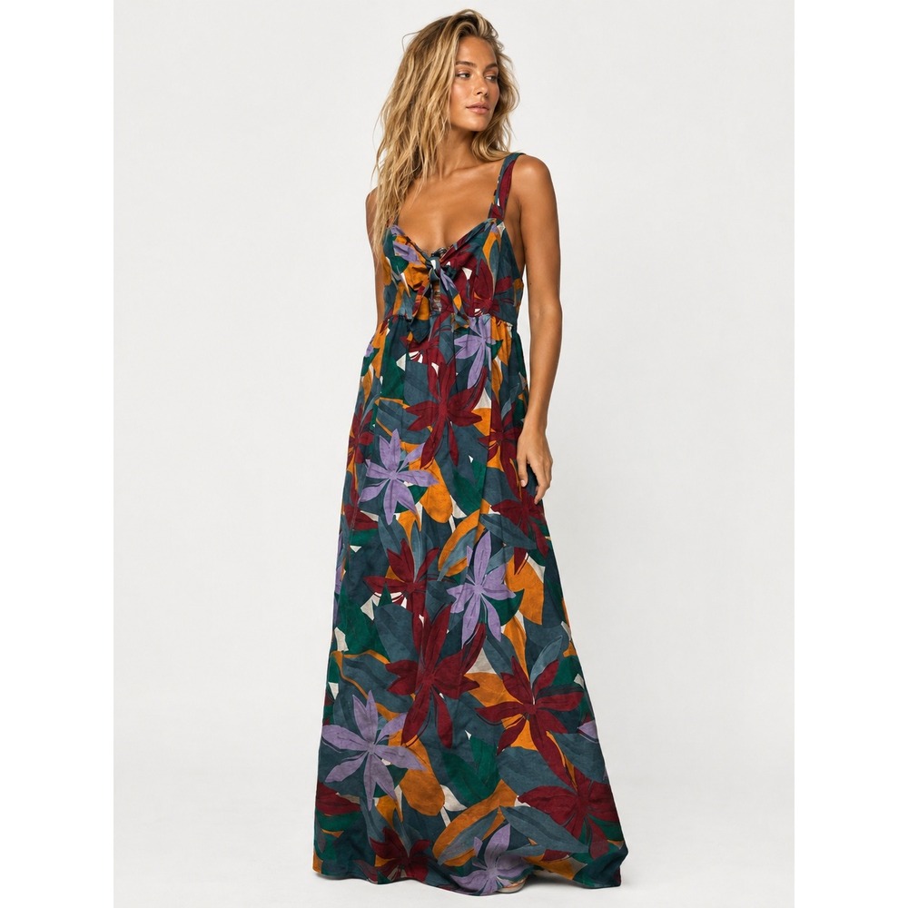 Eloquii Elements Tropical Floral Linen Blend Maxi Dress Tie Front 22 2XL